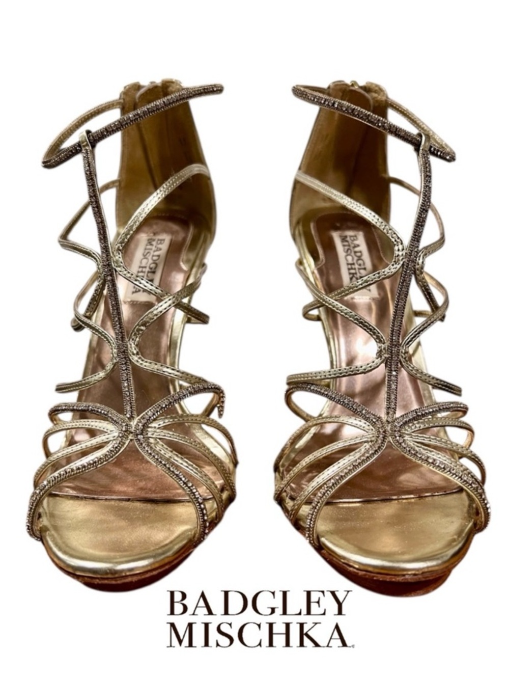 Badgley Mischka Nicha II Platinum Metallic Gold Heels Sandals w Crystals 7.5 GUC